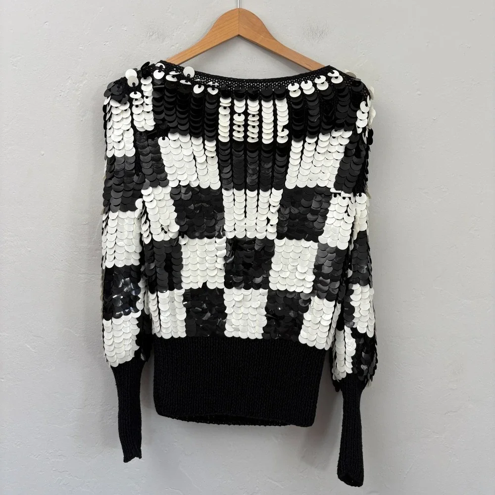 Vintage Sequin Sweater Women Size Small? Black White Checkered Hand Knit Wool - Picture 1 of 11
